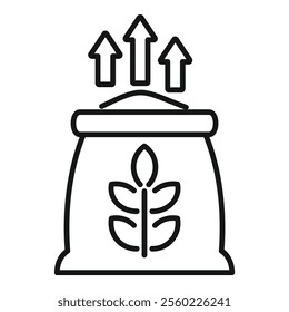 Line icon of a sack with wheat ears drawn on it and three upward arrows representing the concept of the price of wheat increasing