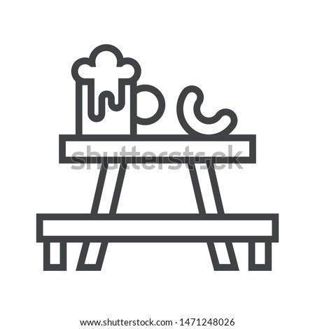 Line icon sausage with beer on table. With the ability to change the line thickness.