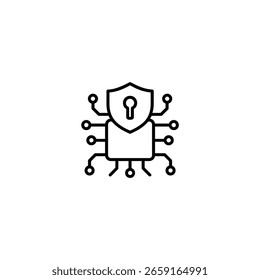 A line icon of a security shield with a keyhole centered on a computer chip with circuit lines extending outwards.