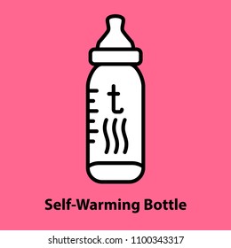 Line icon of self warming bottle on pink background. Device for baby eating. Logo concept in linear style. Vector illustration.