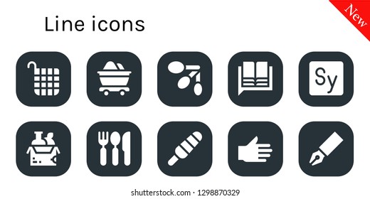  line icon set. 10 filled line icons. Simple modern icons about  - Basket, Mine, Spoons, Language, Story, Food, Cutlery, Popsicle, Hand, Pen