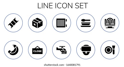 line icon set. 10 filled line icons. Included Stretcher, Banana, Package, Close, Heater, Helicopter, Soup, Vr glasses, Creativity, Make up icons