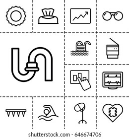 Line icon. set of 13 outline lineicons such as baby napkin, hair dryer, pipe, plowing tool, heartbeat, trash bin, line graph, sunglasses, pool ladder, swimming, sun
