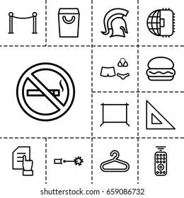 Line icon. set of 13 outline lineicons such as hanger, red carpet barrier, pointing on document, no smoking, swimsuit, remote control, electric circuit, knight, shopping bag