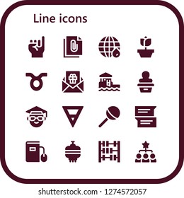  line icon set. 16 filled line icons. Simple modern icons about  - Promise, File, Earth grid, Rose, Taurus, Gift, Bungalow, Statue, Scientist, Earth, Lollipop, Chat, Ebook, Lantern