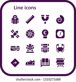 line icon set. 16 filled line icons.  Collection Of - Hoodie, Ruler, Pipe, Fossil, Satellite, Cookie, Idea, Clock, Plane ticket, Electric tower, Backpack, Crab, Direction, Sneakers