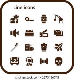 line icon set. 16 filled line icons. Included Fast food, Measuring tape, Smartwatch, Crane, Volume, Store, Stapler, Mails, Toothbrush, Work, Beer, Thai kite, Chest, Customer service icons