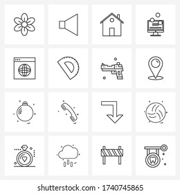 Line Icon Set von 16 modernen Websymbolen; Globus; Wohnung; Gestaltung; Dollar Vector Illustration