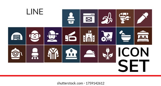 conjunto de iconos de línea. 19 iconos de línea rellenados.  Iconos modernos sencillos como: Estatua, almacenamiento, hilo dental, silla de escritorio, uniforme, banco, pamela, energía verde, mono, niño, grapadora, castillo