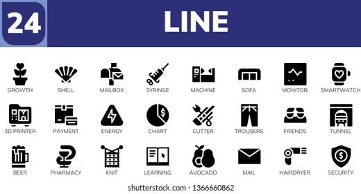 line icon set. 24 filled line icons.  Simple modern icons about  - Growth, Shell, Mailbox, Syringe, Machine, Sofa, Monitor, Smartwatch, 3d printer, Payment, Energy, Chart, Cutter