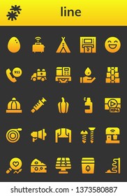 line icon set. 26 filled line icons.  Collection Of - Egg, Pom pom, Toaster, Tent, Atm, Happy, Emergency call, Ambulance, Wash, Dumbbell, Baby hat, Syringe, Pepper, Spray, Mp