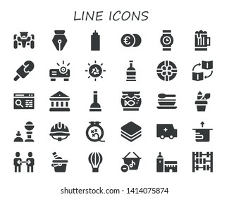 line icon set. 30 filled line icons.  Simple modern icons about  - Race car, Pen, Sauce, Euro, Wristwatch, Beer, Popsicle, Projector, Sun, Rum, Gift, Trade, Browser, Bank, Plunger