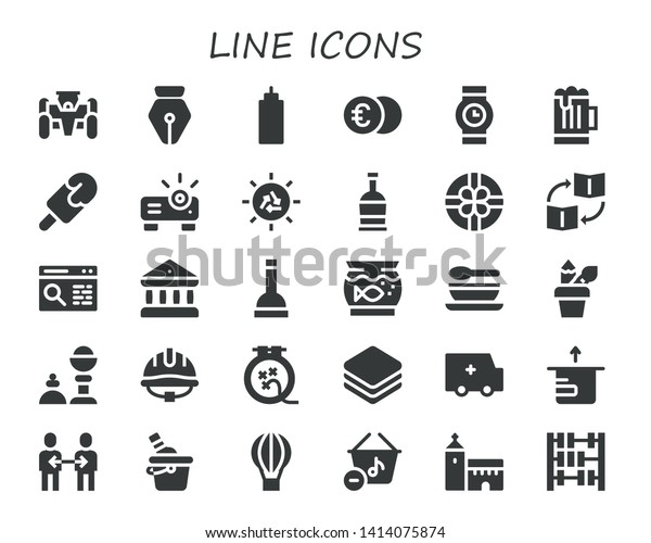line icon set.\
30 filled line icons.  Simple modern icons about  - Race car, Pen,\
Sauce, Euro, Wristwatch, Beer, Popsicle, Projector, Sun, Rum, Gift,\
Trade, Browser, Bank,\
Plunger