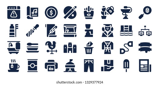 line icon set. 32 filled line icons. on blue background style Simple modern icons about  - Browser, Toothbrush, Bathtub, Tea, Magazine, File, Soup, Tomato, Coin, Paper, Cock, Print