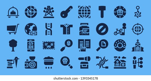 line icon set. 32 filled line icons. on blue background style Simple modern icons about  - Luggage, Shopping cart, Tree, Thread, Radar, Worldwide, Coding, Photo camera, Electric tower