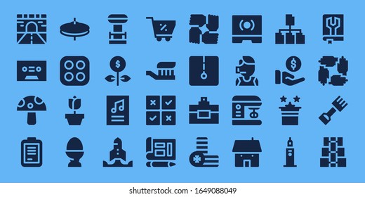 line icon set. 32 filled line icons. on blue background style Simple modern icons such as: Road, Tape, Mushroom, Form, Cymbals, Stove, Rose, Egg, Tesla coil, Growth, Poster, Startup