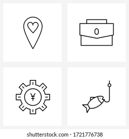 Conjunto de iconos de línea de 4 símbolos modernos de ubicación; pescado; bolsa de oficina; yenes; ilustración de vectores oceánicos