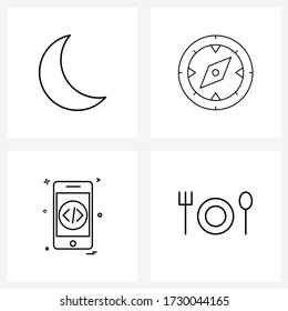 Juego de iconos de línea de 4 símbolos modernos de luna; teléfono inteligente; brújula; ubicación; Ilustración del vector de teléfono