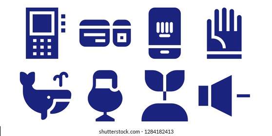  line icon set. 8 filled line icons. Simple modern icons about  - Whale, Dictaphone, Beer, Plane ticket, Growing plant, Barcode, Volume, Hand