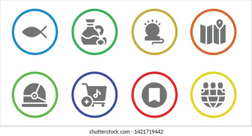 line icon set. 8 filled line icons.  Simple modern icons about  - Christianity, Helmet, Olive, Shopping cart, Lamp, Bookmark, Map, Friends