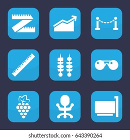 Line icon. set of 9 filled line icons such as grape, fence, ruler, kebab, sunglasses, chart, office chair, phone connection cable
