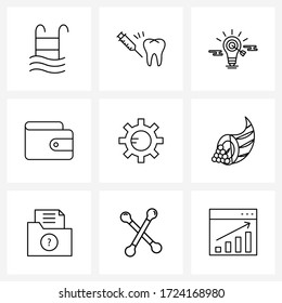 Line Icon Set of 9 Modern Symbols of cog; payment; idea; online; cash Vector Illustration