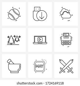 Line Icon Set of 9 Modern Symbols of video; nature; storage; park; cloudy Vector Illustration