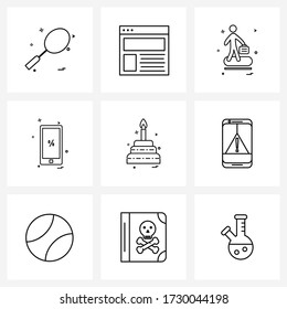 Juego de iconos de línea de 9 símbolos de error modernos; celebraciones; viaje; torta; Ilustración de vectores móviles