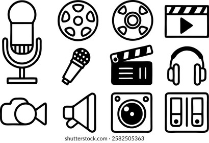 line icon set, line art symbol of media and entertainment outline icon vector art illustration