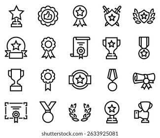 Line icon set of awards, trophies, medals, certificates, and achievement symbols. Perfect for UI, competition results, recognition badges, and success-related designs.
