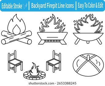 Linha ícone conjunto de quintal fogo pit essentials. Inclui tigelas de fogo, lenha em chamas, tampa de segurança e cadeiras para relaxamento ao ar livre, churrasco e acampamento. Ícones de traçado editáveis.