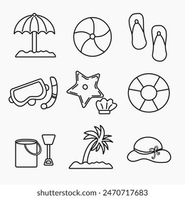 line icon set of beach items for summer isolated on white  backround