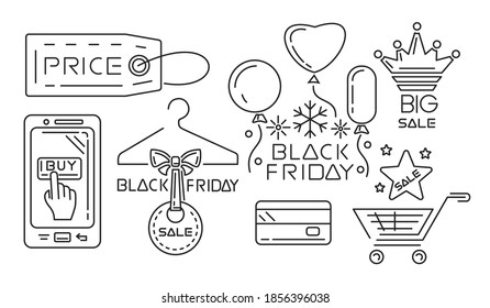 Icono de línea establecido para el Viernes Negro. Gran venta. Ilustración del vector