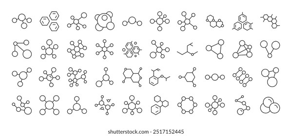 Linha Ícone Conjunto de Química. Contém ícones de átomos e compostos químicos que podem ser usados para o design de cartões, posts, aplicativos, sites