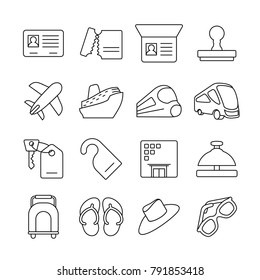 Line icon set of chronological cross nation traveling. Contain traveling procedure and equipment in example passport, transportation, hotel and accessories. Editable stroke vector. Isolated at white