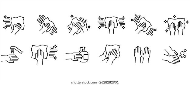 Line icon set of Cleaning cloth. Household equipment signs. Trending minimalist icons for cleaning. Gloves, soap and Spray Bottle, Vector illustration on transparent background. Editable stroke. Eps10