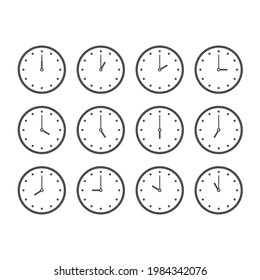 Juego de relojes de línea cada hora. Relojes que muestran distintos tiempos