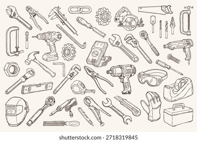 Conjunto de iconos de línea de herramientas y equipos de mano de construcción, carpintería y bricolaje	
