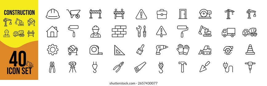 Conjunto de símbolos de construcción. herramientas, edificio, equipo, sitio, seguridad, trabajador, maquinaria, equipo, casco, llave	