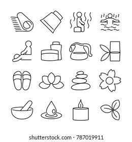 Line icon set, contain spa and massage activity, related spa symbol and element. Editable stroke vector, isolated at white background