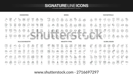 Line icon set covering engineering, mining, raw materials, oil and gas, industry types, and global issues, representing industrial processes and worldwide challenges isolated vector illustration