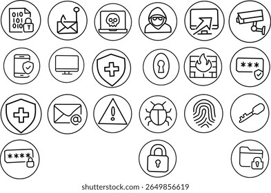 Line icon set of cybersecurity and data protection symbols, including firewalls, passwords, malware, encryption, and secure access. Perfect for tech and IT designs.