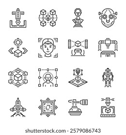 Line Icon Set Depicting 3D Printing Technology

