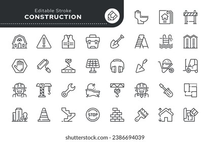 Conjunto de iconos de línea. Diseño, construcción y renovación de edificios, casas. Herramientas. Paquete de iconos del vector.