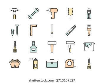 Conjunto de iconos de línea de herramientas de bricolaje, Ilustración vectorial de color 