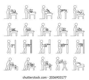 Line Icon set of Electric machine tools used in production in various types of industry.  Pictograms representing people doing jobs with power electric hand tools.