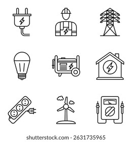 Conjunto de iconos de línea de infraestructura eléctrica, herramientas y energía renovable. Ilustración vectorial