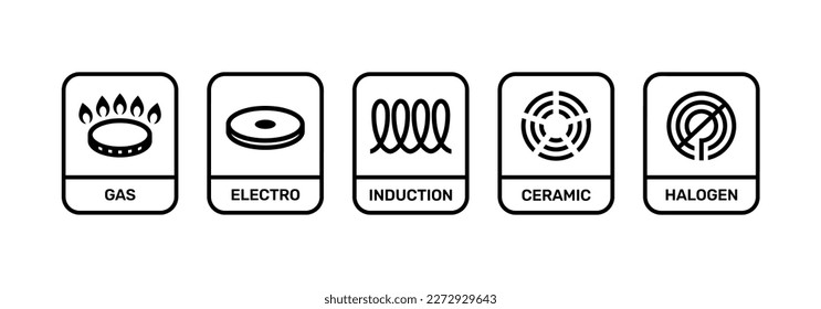 Juego de iconos de línea electro, gas, inducción, cerámica y cocina halógena.eps