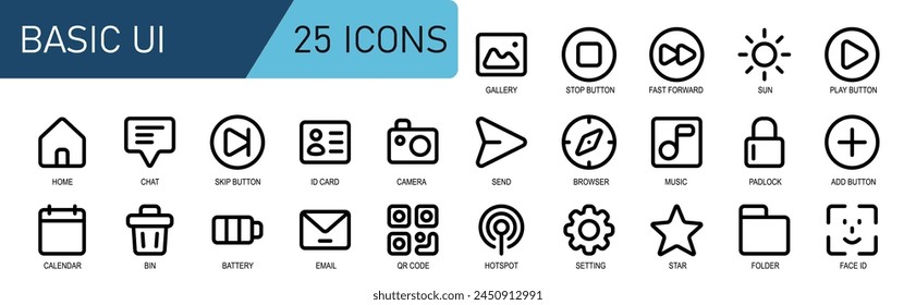 set de iconos de línea esencial .ui ,Galería,detener Botón,avance rápido,sun,saltar Botón,play,menu.conjunto de Vectores.