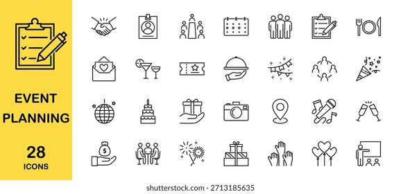 Line icon set of event planning - party, wedding and celebration. Vector illustration	